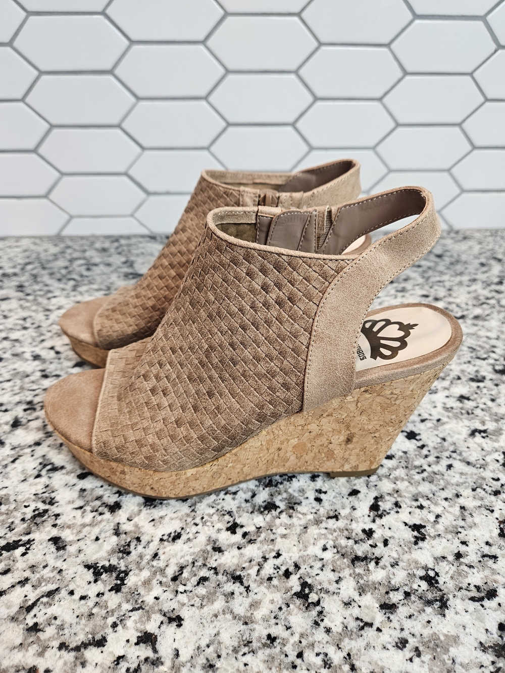 Woven Suede Open-Toe Slingback Wedge Sandals - Taupe Size 7.5